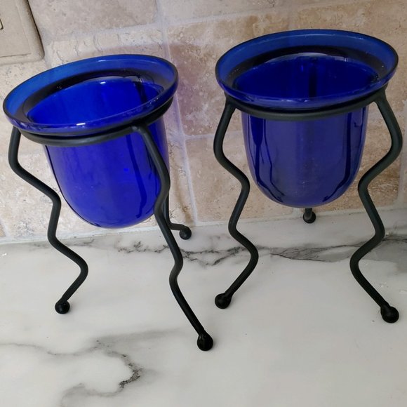 Cobalt Blue Glass & Black Stand Candle Holders - Picture 3 of 16